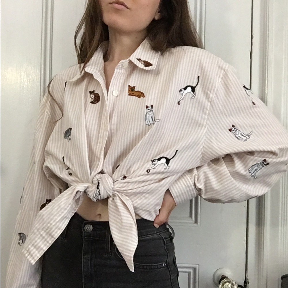 Embroidered Cat Button Down, Striped